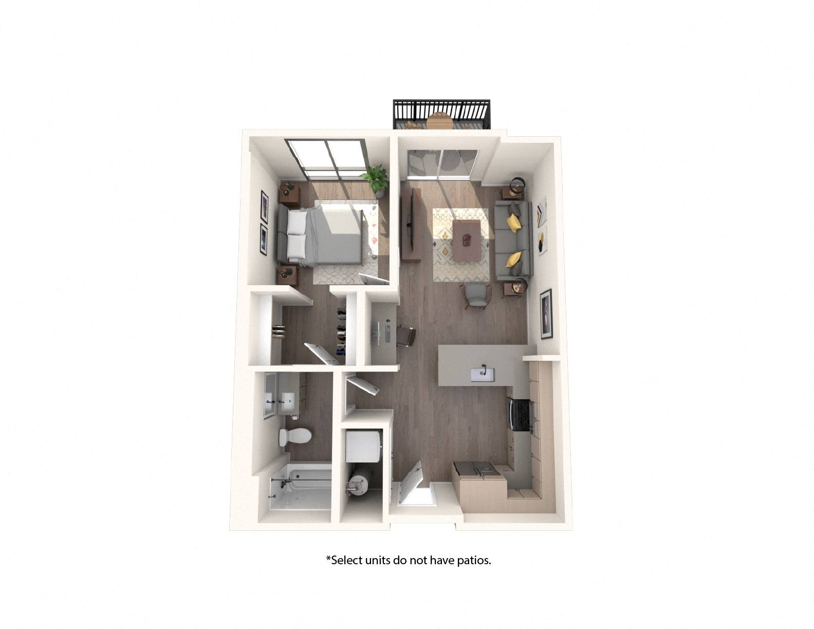 Floor plan for 1 bed, 1 bath, 624 sqft